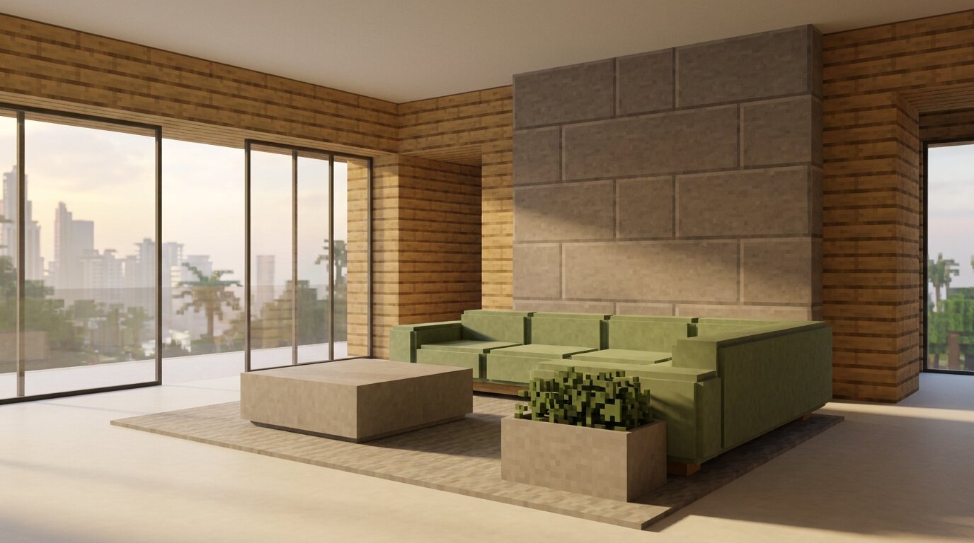 Living room with oak-plank block walls, a stone block feature wall and a low moss-green sofa, overlooking a hazy city skyline.