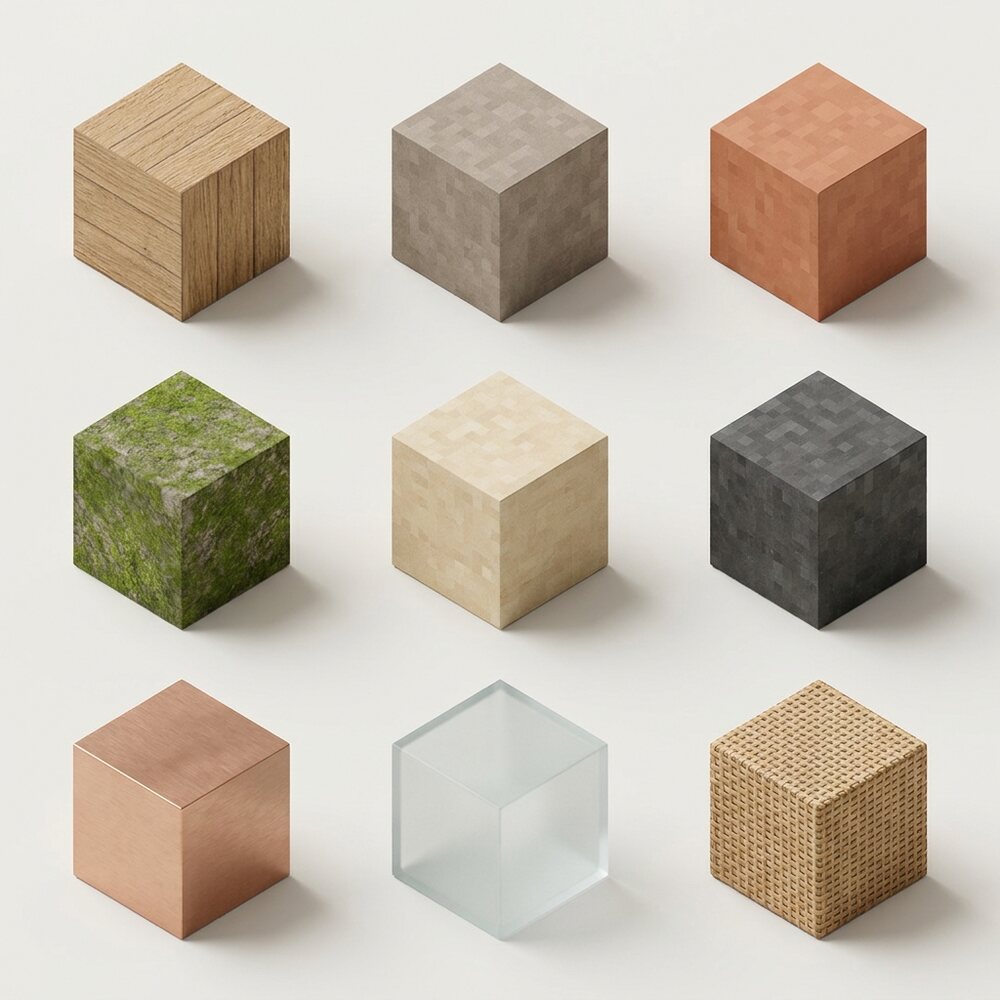 Nine cubic material samples arranged in a grid: oak, stone, terracotta, moss, sandstone, basalt, copper, frosted glass and rattan.