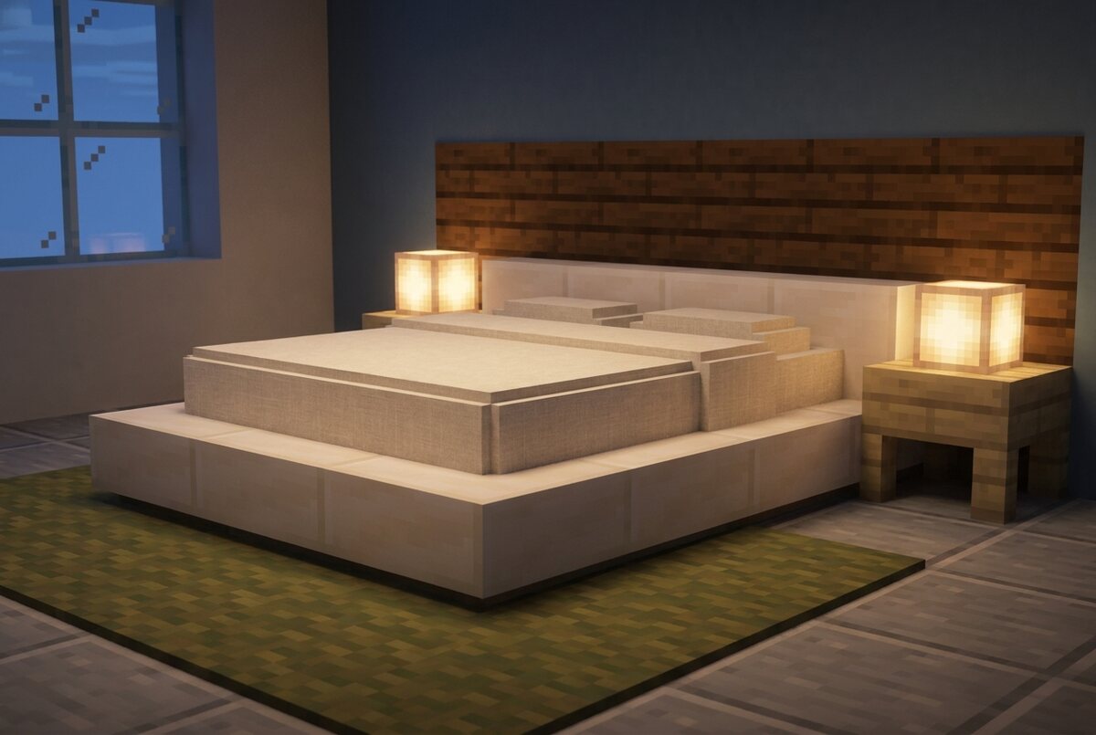 Bedroom with a chunky cream platform bed, dark oak block headboard wall and two glowing cube lanterns.