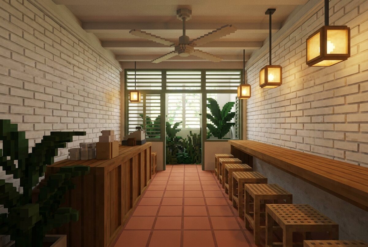 Narrow shophouse café with terracotta tile floor, whitewashed brick walls, timber counter and glowing cube lanterns.