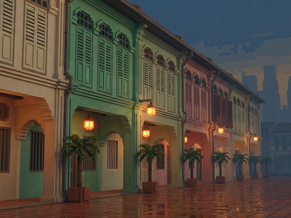 Row of pastel shophouses at dusk with louvered shutters, a colonnaded five-foot-way and warm lantern lighting.