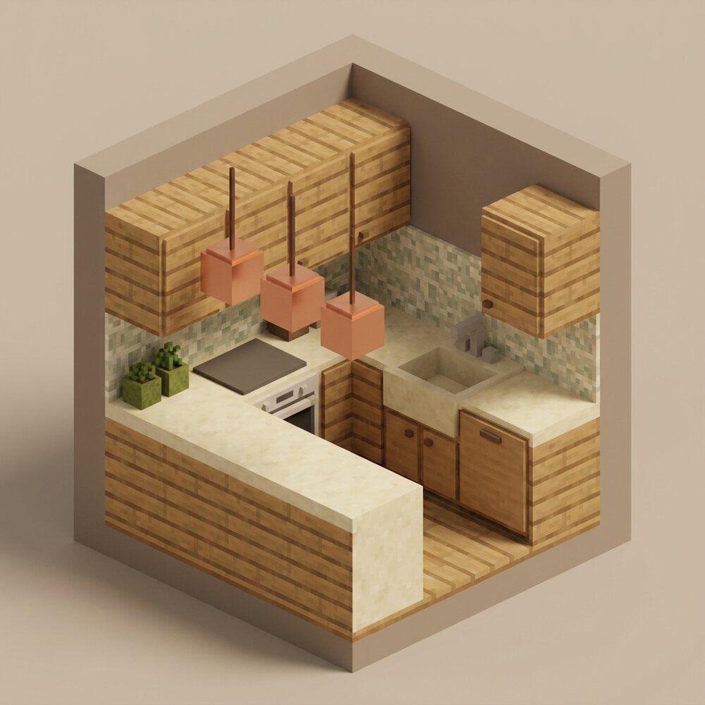 Isometric cutaway of a compact kitchen with oak-plank block cabinetry, sandstone counters and copper cube pendants.