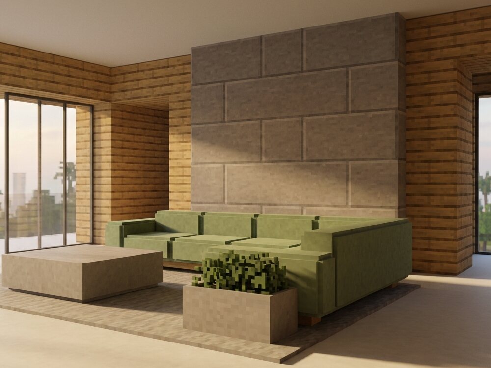 Living room with oak-plank block walls, stone block feature wall, low moss-green sofa and a sandstone cube table.